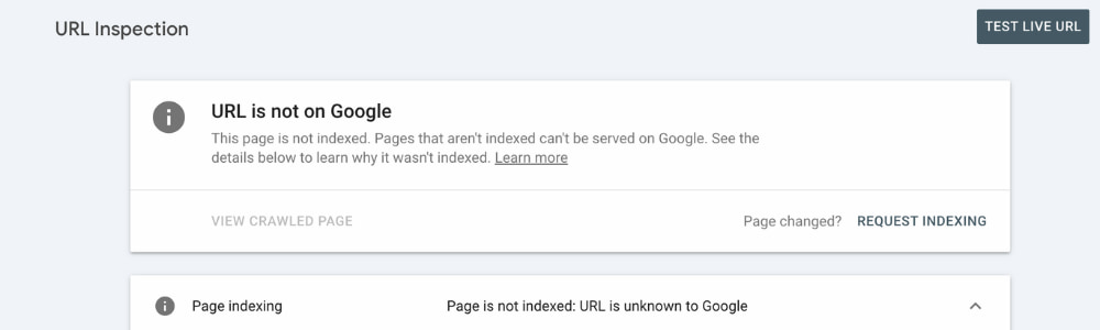 Showing the URL inspection tool on Google Search Console