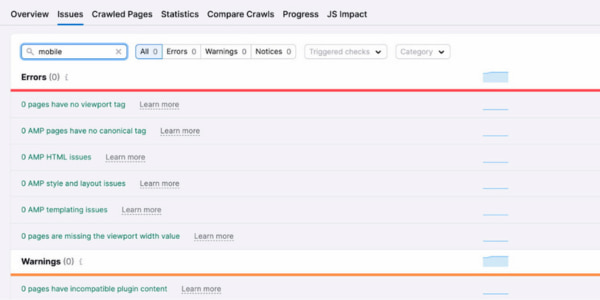 Showing the mobile issues section on SEMrush site audit feature